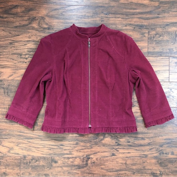 Sandro • burgundy corduroy jacket cropped 3/4 sleeve ruffle trim zip front - Picture 2 of 6